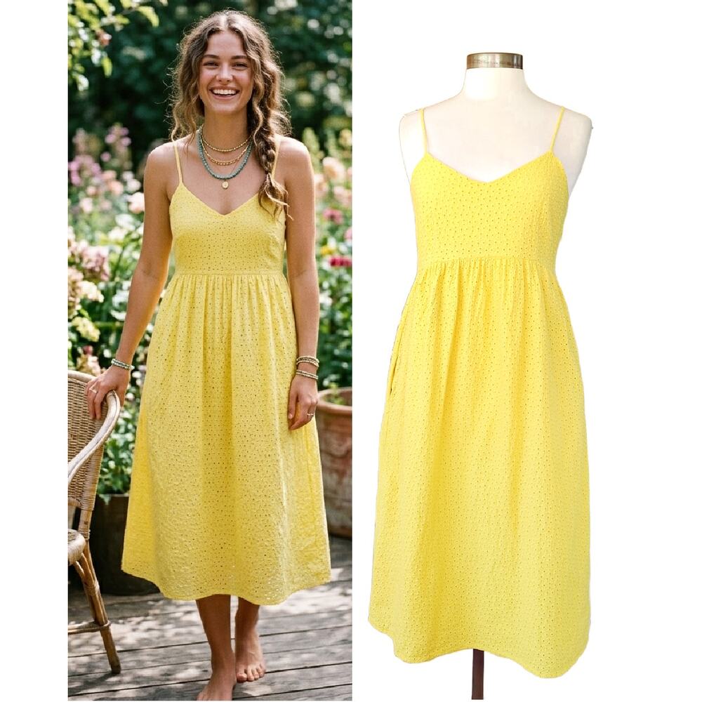 The Prairie Yellow Embroidered Eyelet Midi Dress Size 8 Summer Sundress Cottage
